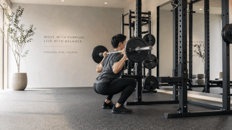 男性クライアントのバーベルスクワット(ジム)